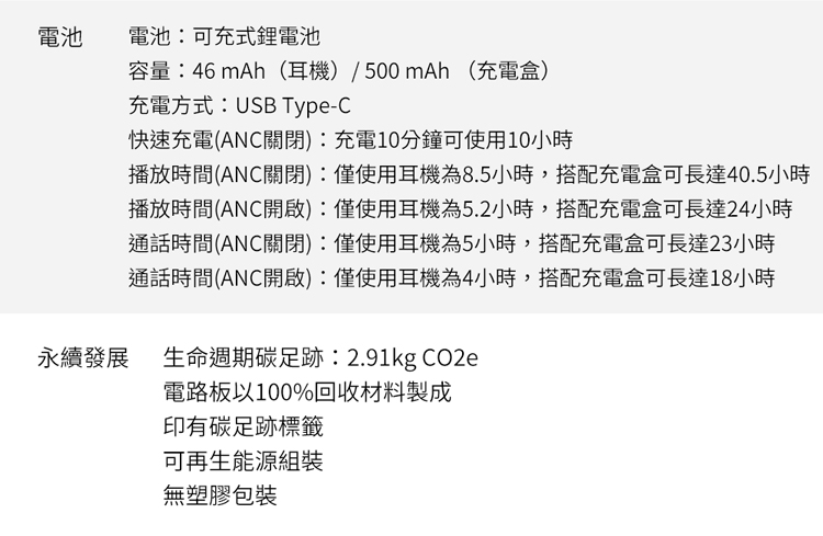 電池電池:可充式鋰電池容量:46 mAh(耳機)/500mAh (充電盒)充電方式:USB Type-C快速充電(ANC關閉):充電10分鐘可使用10小時播放時間(ANC關閉):僅使用耳機為8.5小時,搭配充電盒可長達40.5小時播放時間(ANC開啟):僅使用耳機為5.2小時,搭配充電盒可長達24小時通話時間(ANC關閉):僅使用耳機為5小時,搭配充電盒可長達23小時通話時間(ANC開啟):僅使用耳機為4小時,搭配充電盒可長達18小時永續發展 生命週期碳足跡:2.91kg CO2e電路板以100%回收材料製成印有碳足跡標籤可再生能源組裝無塑膠包裝