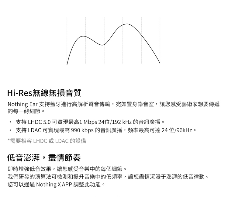 Hi-Res無線無損音質Nothing Ear 支持藍牙進行高解析聲音傳輸,宛如置身錄音室,讓您感受藝術家想要傳遞的每一絲細節。 支持 LHDC 5.0可實現最高1 Mbps 24位/192kHz的音訊廣播。 支持 LDAC 可實現最高 990 kbps的音訊廣播,頻率最高可達24位/96kHz。*需要相容 LHDC或LDAC的設備低音澎湃,盡情節奏即時增強低音效果,讓您感受音樂中的每個細節。我們研發的演算法可檢測和提升音樂中的低頻率,讓您盡情沉浸于澎湃的低音律動。您可以通過 Nothing X APP 調整此功能。