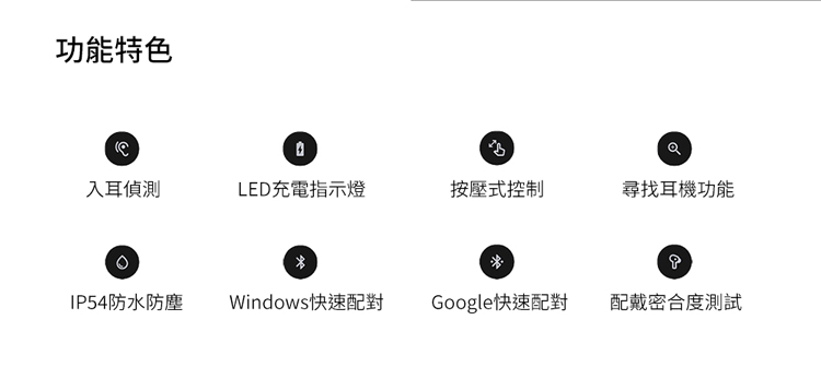 功能特色入耳偵測LED充電指示燈按壓式控制尋找耳機功能IP54防水防塵Windows快速配對Google快速配對配戴密合度測試